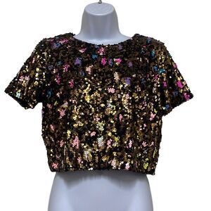 Cosmopolitan Dress the Population Small Gold Multicolor Sequin Crop Top Party